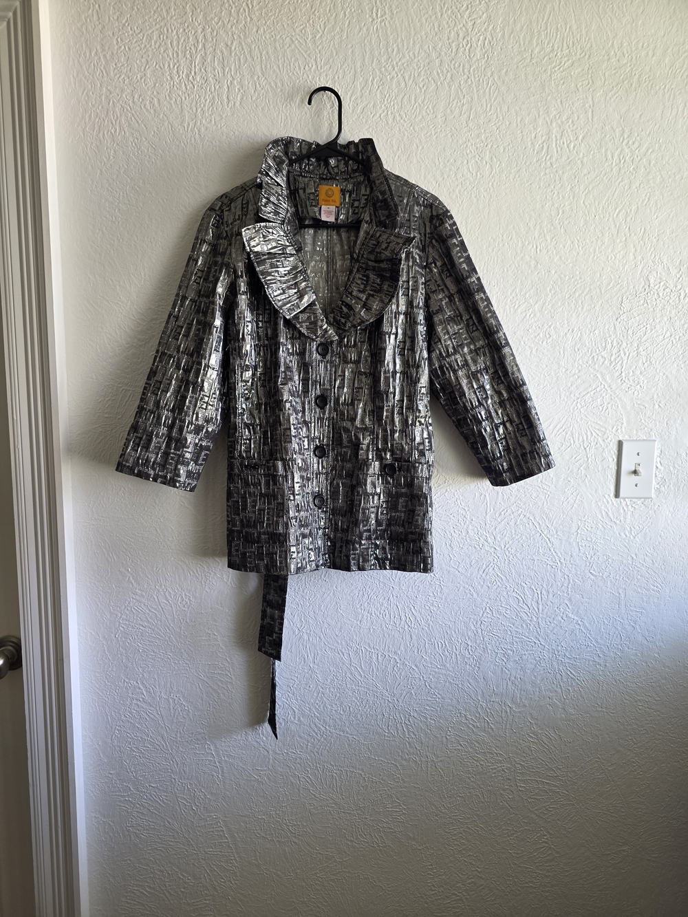 Ruby Rd. Black and Silver Metallic Ruffled Trench Coat